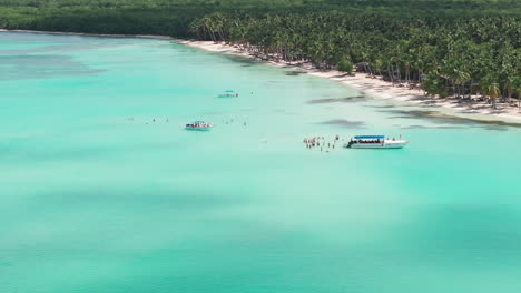 drone view of caribbean sea with clear turquoise water and tourist swimming on sea,dominican republic.