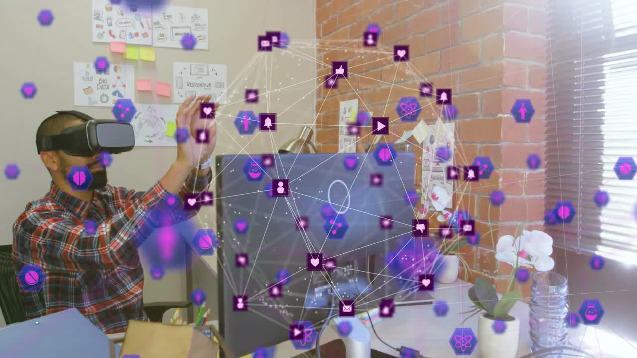 Person using virtual reality headset with social media icons and network animation