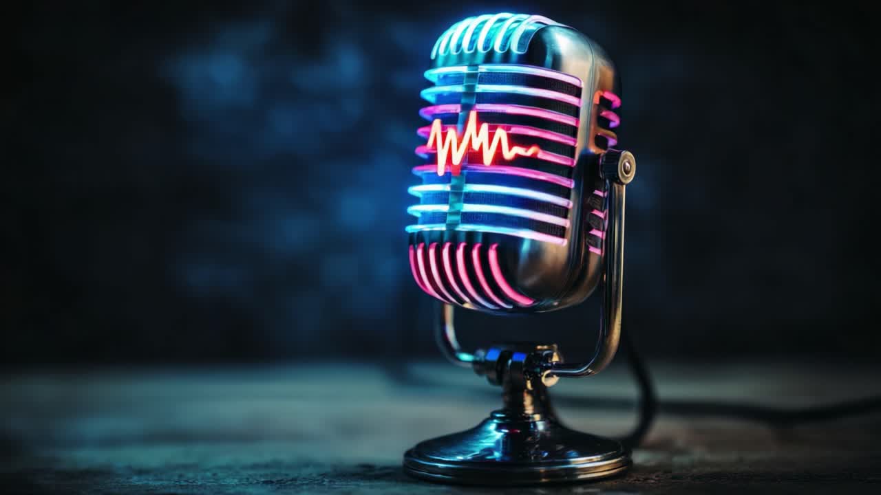 A Stunning Vintage Microphone Illuminated with LED Lights, Displaying a Neon Glow that Captures the Essence of Modern Audio Equipment and Retro Design Aesthetics