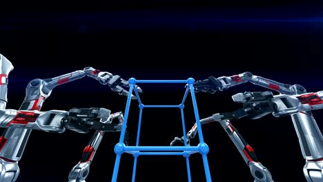 brazos robóticos montando estructura de red de red en animación 3d en bucle. concepto industrial y tecnológico. 4k uhd 3840x2160.