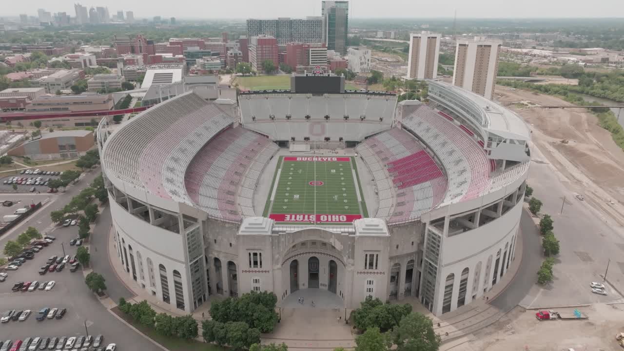 Aerial footage of Ohio State University Ohio Stadium reveal moving up