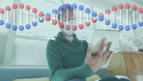 estructura de dns girando contra el hombre que usa una máscara facial usando una tableta digital en la oficina