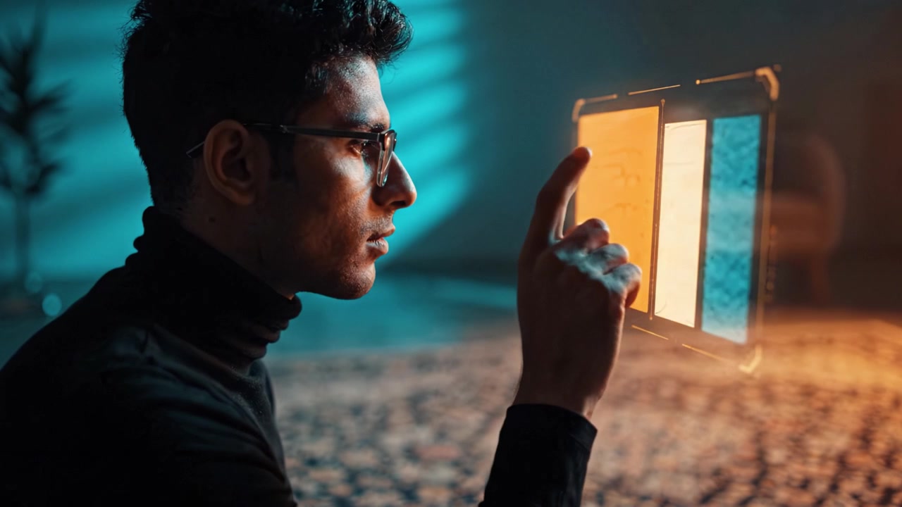 A thoughtful young man gazes at a holographic display filled with text while seated on a patterned rug, reflecting deep concentration and engagement in a digital world.