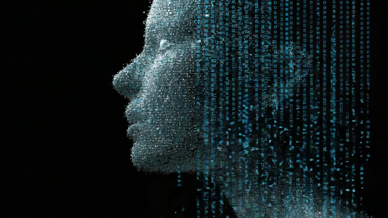 Abstract human face profile made of particles dissolving into a streaming binary code, representing artificial intelligence, machine learning, deepfake, big data, and virtual reality concepts