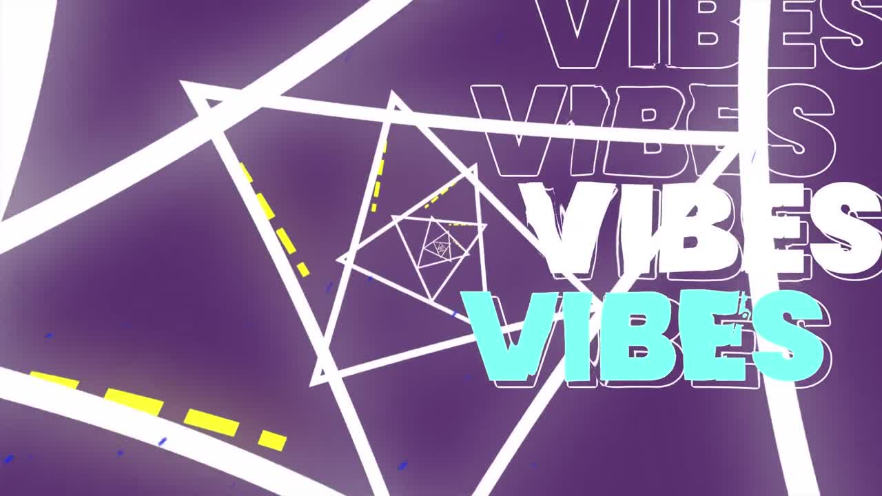 Animation of vibes text over triangles on purple background
