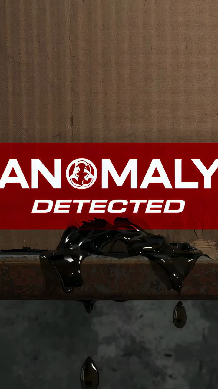 Vertical video: Sagging black oil making drops on beam in shed under red ANOMALY DETECTED banner