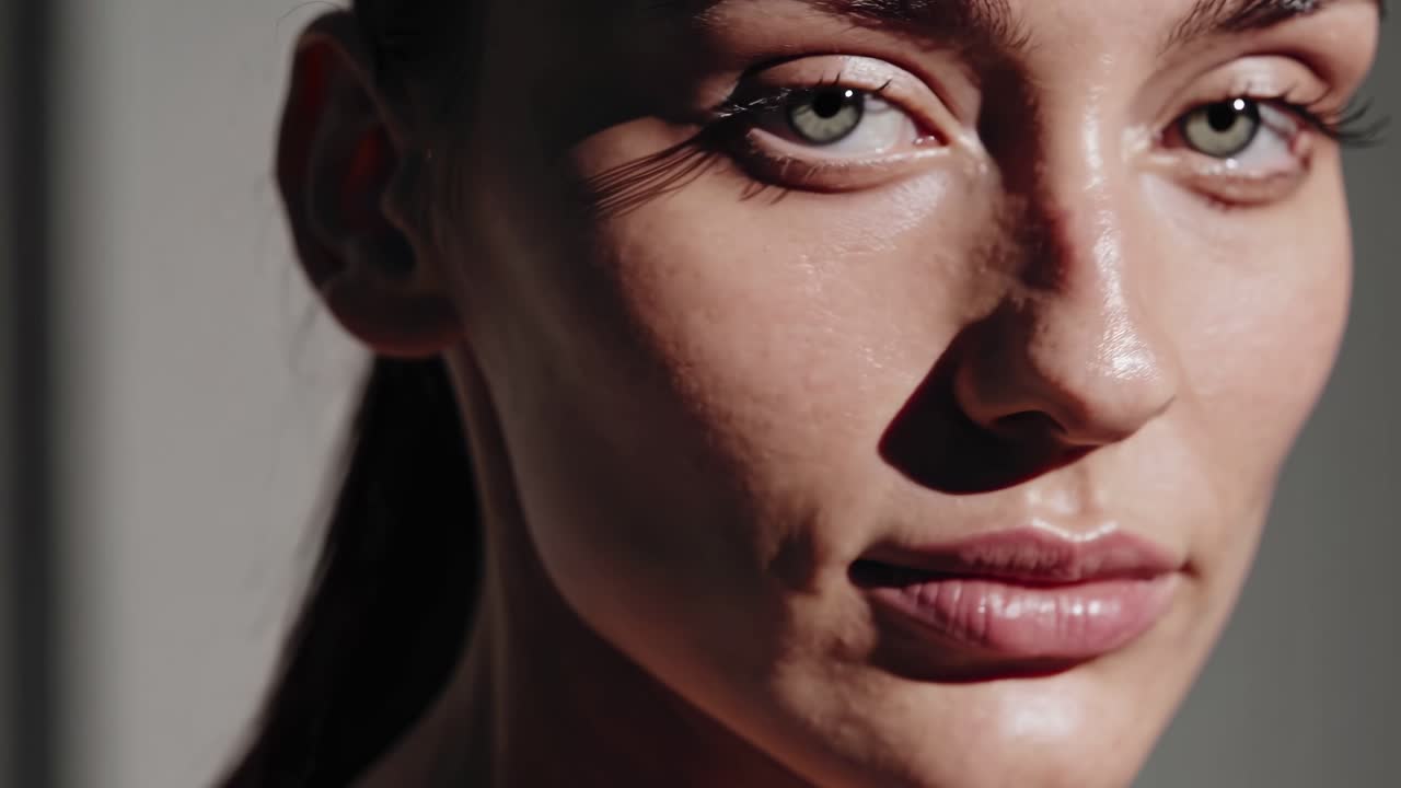 Close-up video shot of a woman's face with natural lighting, capturing detailed skin texture