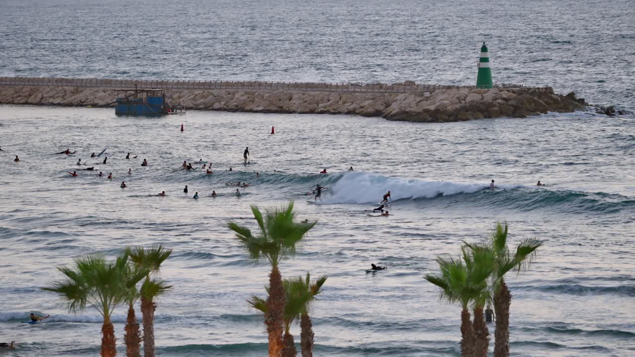 Surfers waiting for waves in Tel Aviv beach in the Mediterranean Sea in early morning or after sunset. Group of local surfing club or extreme sport ehnthusiastics floating in water on surfboard