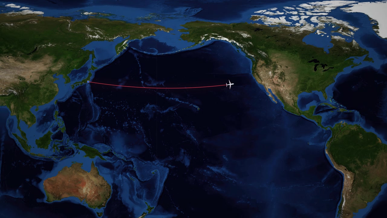 Satellite map animation follows an airplane flying from Tokyo to Denver across the Pacific
