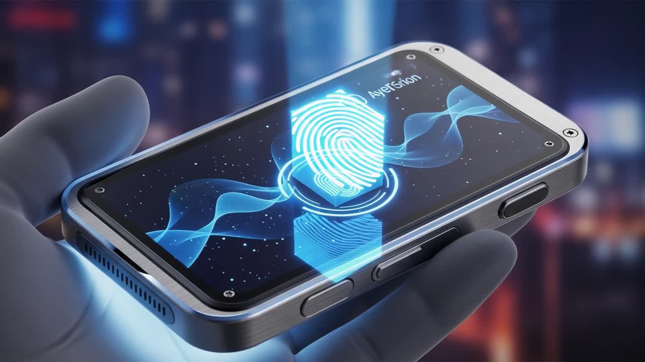 Innovative Smartphone Technology Showcasing Advanced Security Features with Fingerprint Recognition and a Futuristic Interface, Illuminated in a Modern Setting