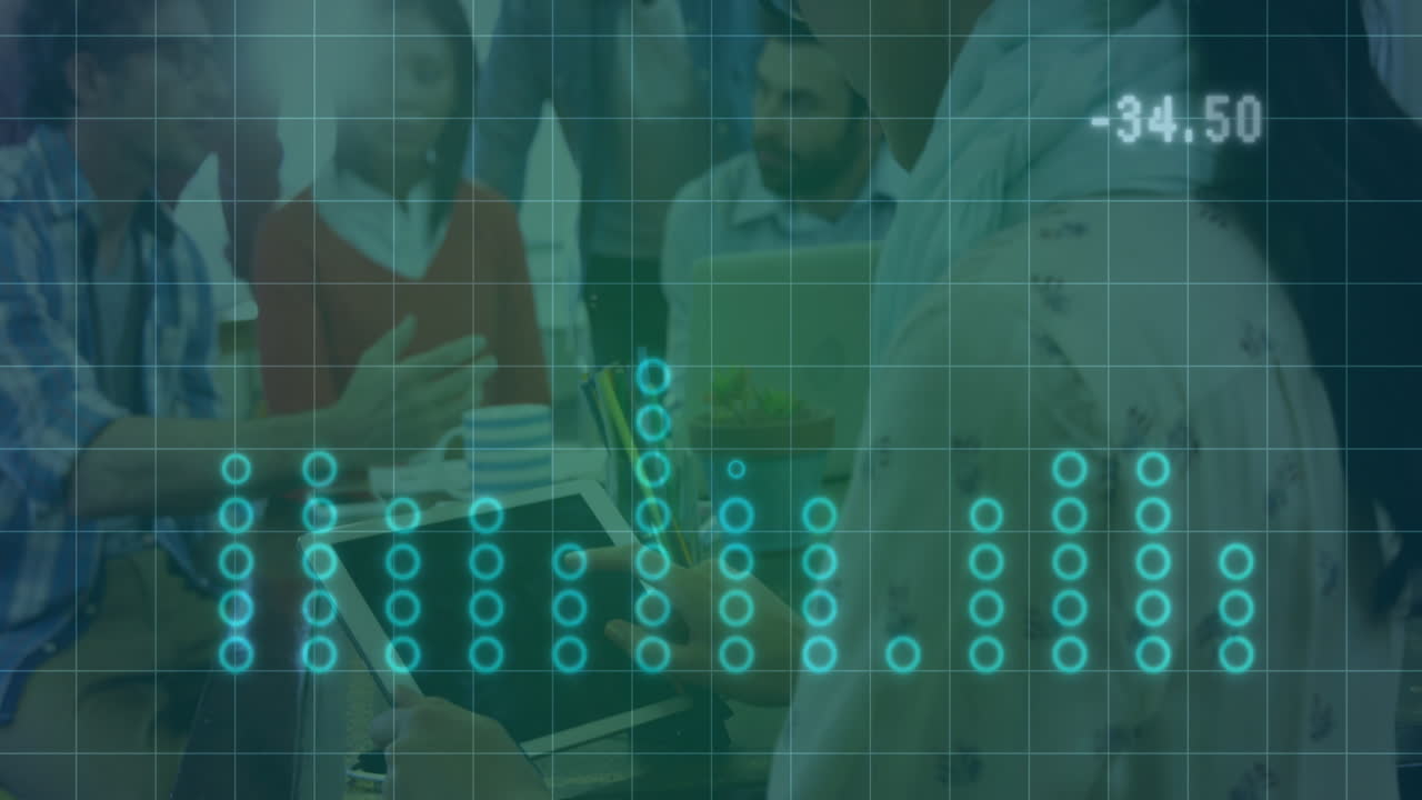 Animation of financial data processing over diverse business people in office