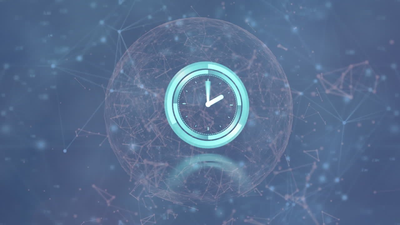 어두운 회색 배경에 움직이는 연결의 글로벌 네트워크를 통해 시계의 애니메이션
