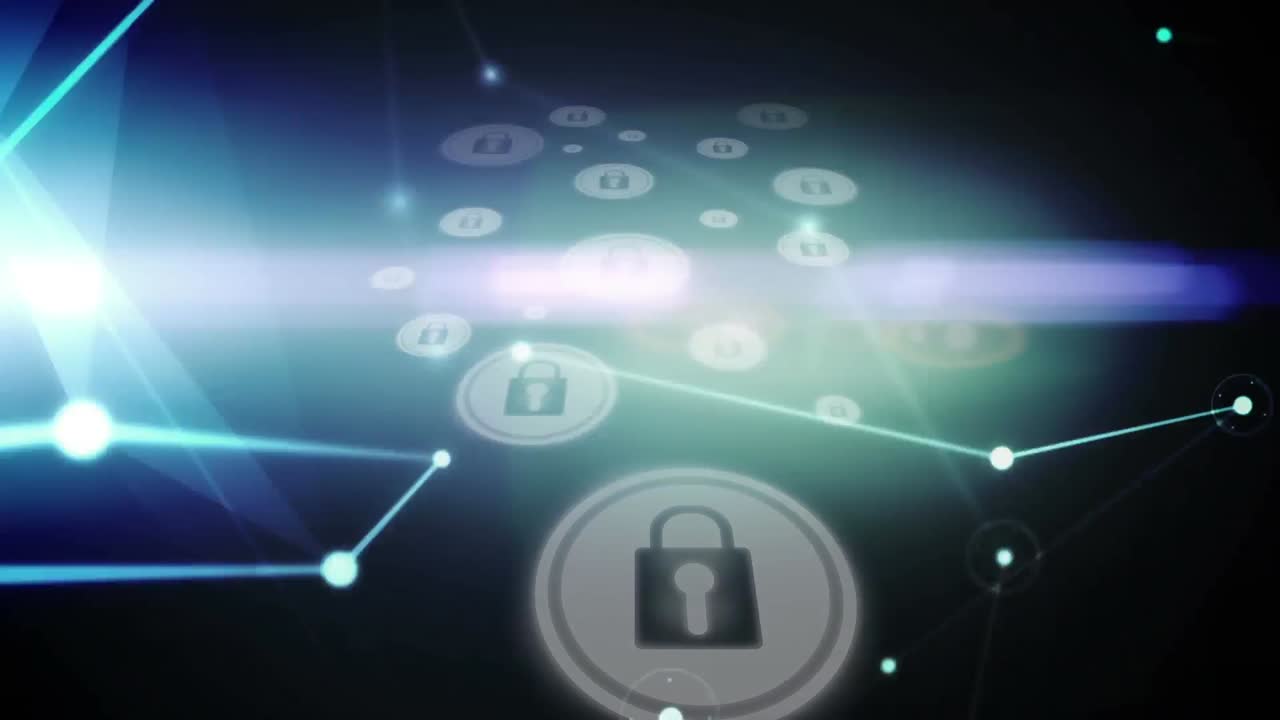 animación digital de una red brillante de conexiones contra múltiples iconos de candado de seguridad
