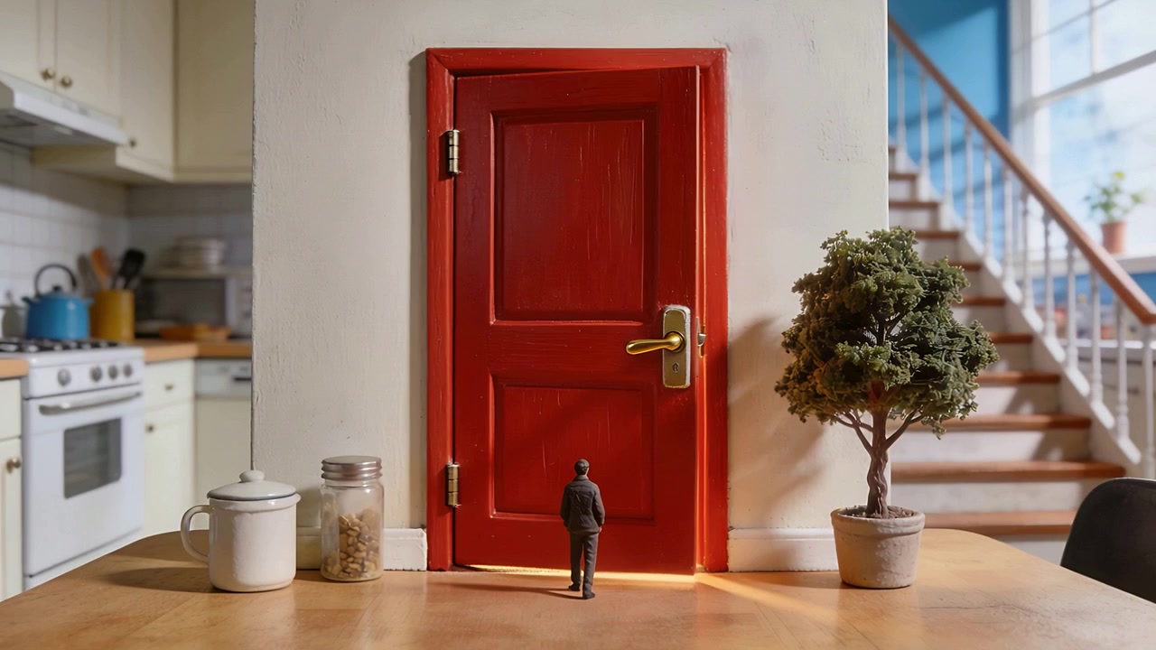 Jacketed small figure walking to red door on table, warm light drawing him, closing halting him