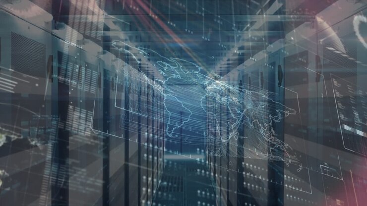 Animation of world map and data processing over server room