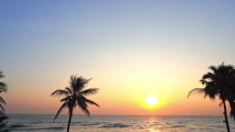 sunset in tropical paradise, silhouettes of coconut and palm trees in front of sea waves, slow motion