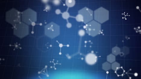 animation of multiple molecules and chemical elements and dna strain floating on blue background