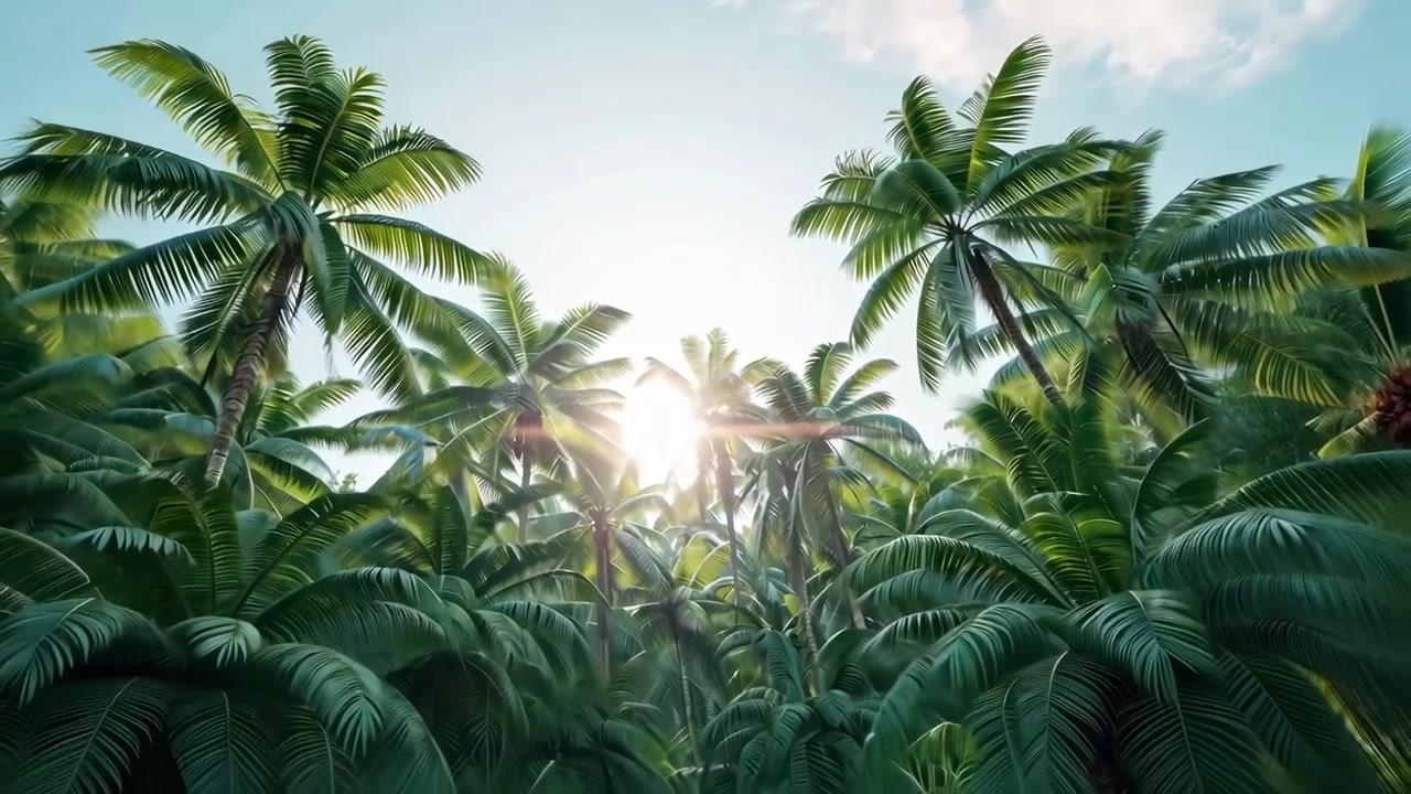 Vista dal basso di palme tropicali con bagliore solare