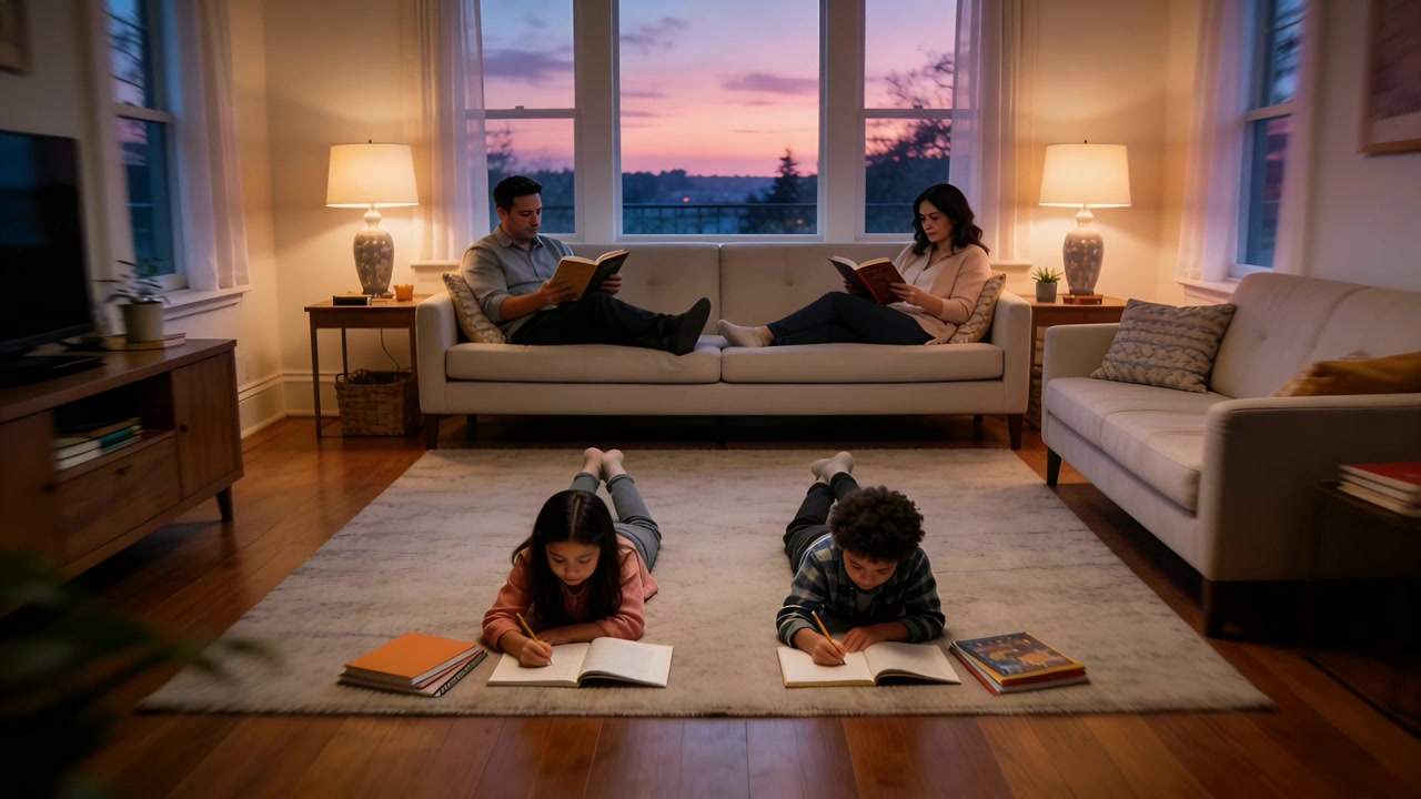 Sittende familie leser mens barn skriver på teppet i stuen, solnedgangen tegner familien, lamper.