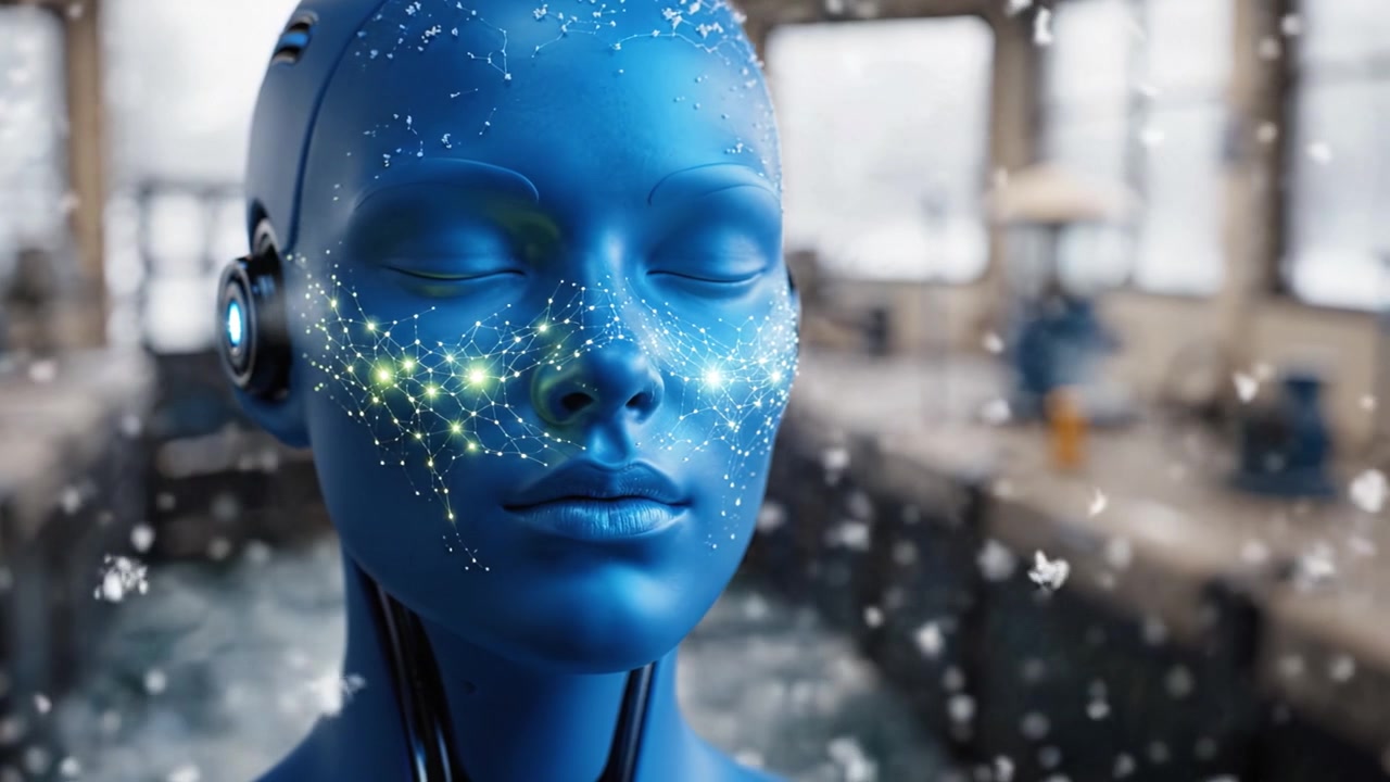 Un Affascinante Robot Umanoide Blu con un Volto Stellato, in Piedi in una Scena Invernale di Fiocchi di Neve, che Evoca la Fusione di Tecnologia e Arte in un Ambiente Sereno