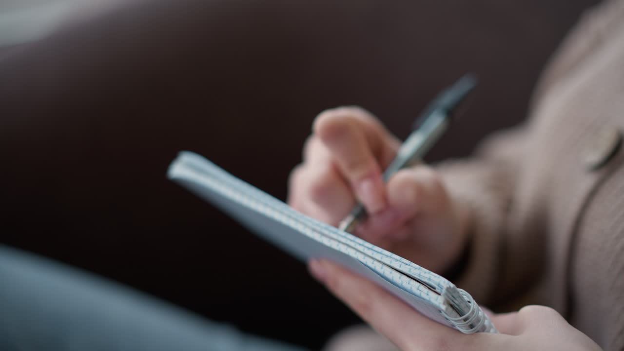 Close-up of hand holding a pen and taking notes in a notebook. The focus is on writing while soft background highlights a cozy study environment