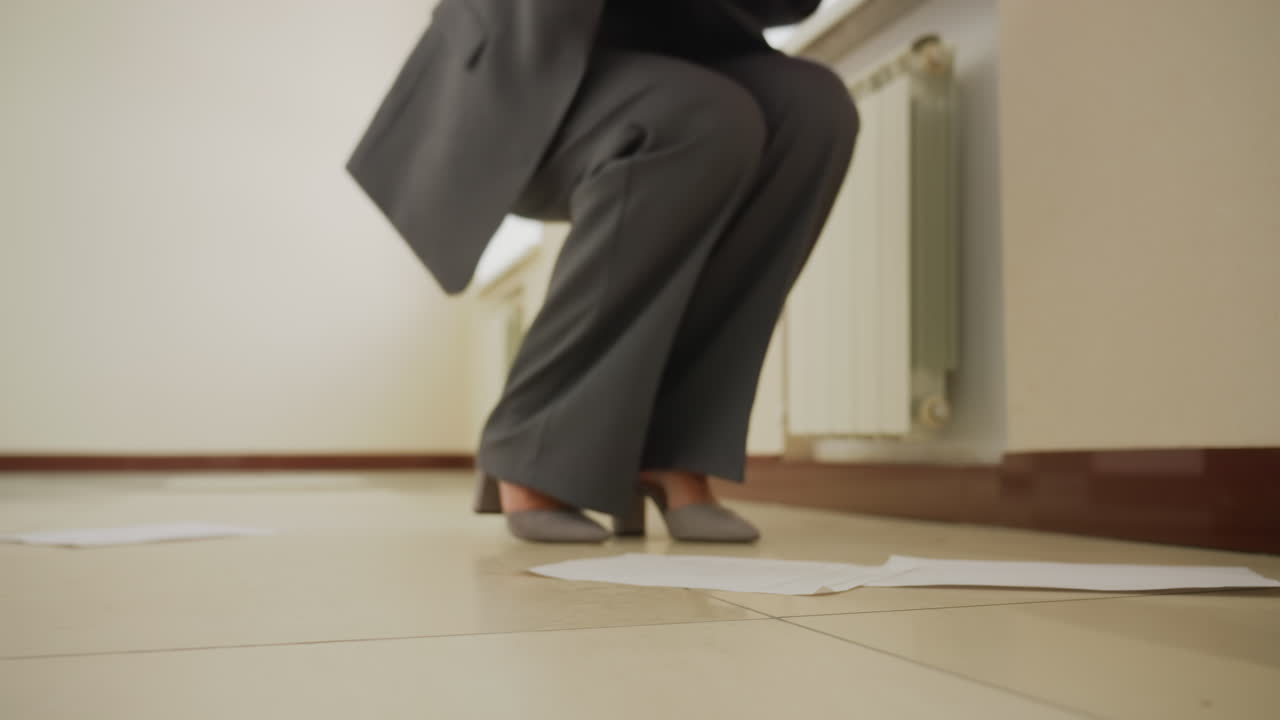 Woman wearing formal grey trousers and heels walking toward scattered documents on tiled floor in office hallway suggesting urgency mistake or distraction in professional work environment