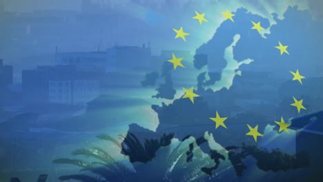 animation of flag of european union over glowing map of europe and cityscape