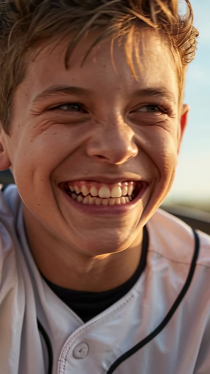 Vertical video: Smiling teen in white jersey laughing after cue, turning back at park in sun
