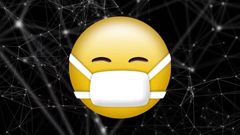 Digital-animation-of-face-emoji-wearing-a-mask-against-network-of-connections-on-black-background