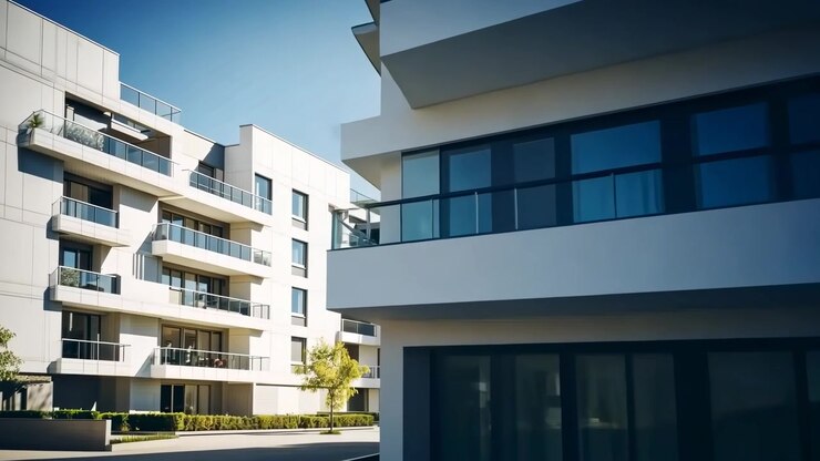 Plano de Estabelecimento de Edifícios de Apartamentos Modernos em um Dia Ensolarado