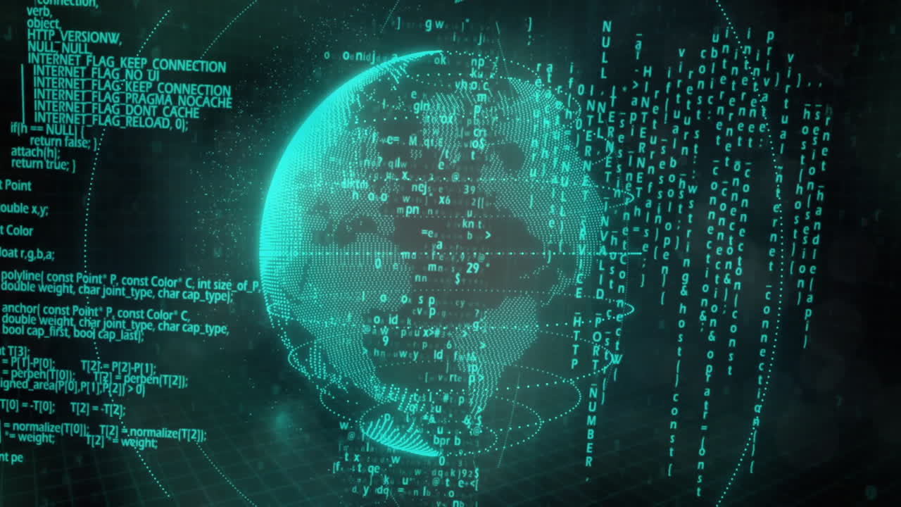 Binary code and programming text overlay digital globe with green matrix animation