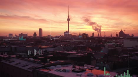 forwards fly above evening city. berlin city centre panorama with fernsehturm. added computer graphics with charts and financial figures