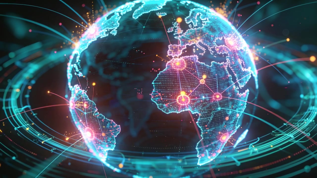 Appearing hologram globe rotating on frame1, cyan coasts revealing network links with pulsing nodes