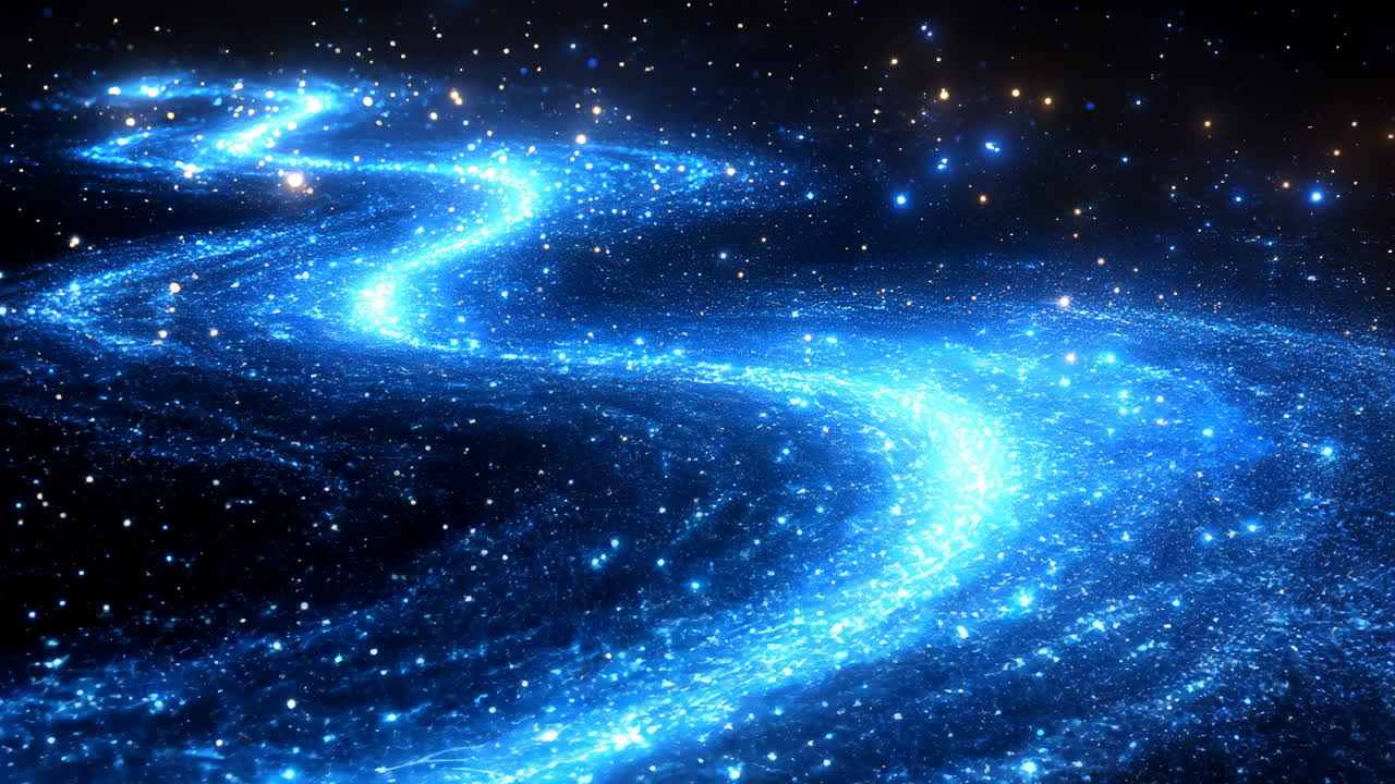 A blue galaxy with a blue line in the middle. The galaxy is filled with stars and the blue line is a spiral
