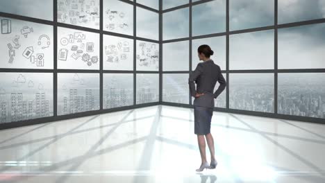 businesswoman looking at tech interface