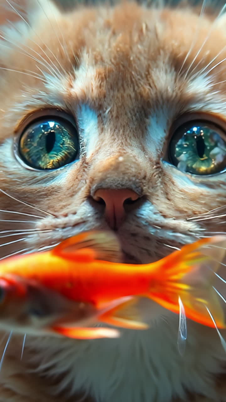 A cat is looking at a bunch of fish in a tank. The fish are swimming around the cat, and the cat is staring at them intently. The scene is peaceful and calming