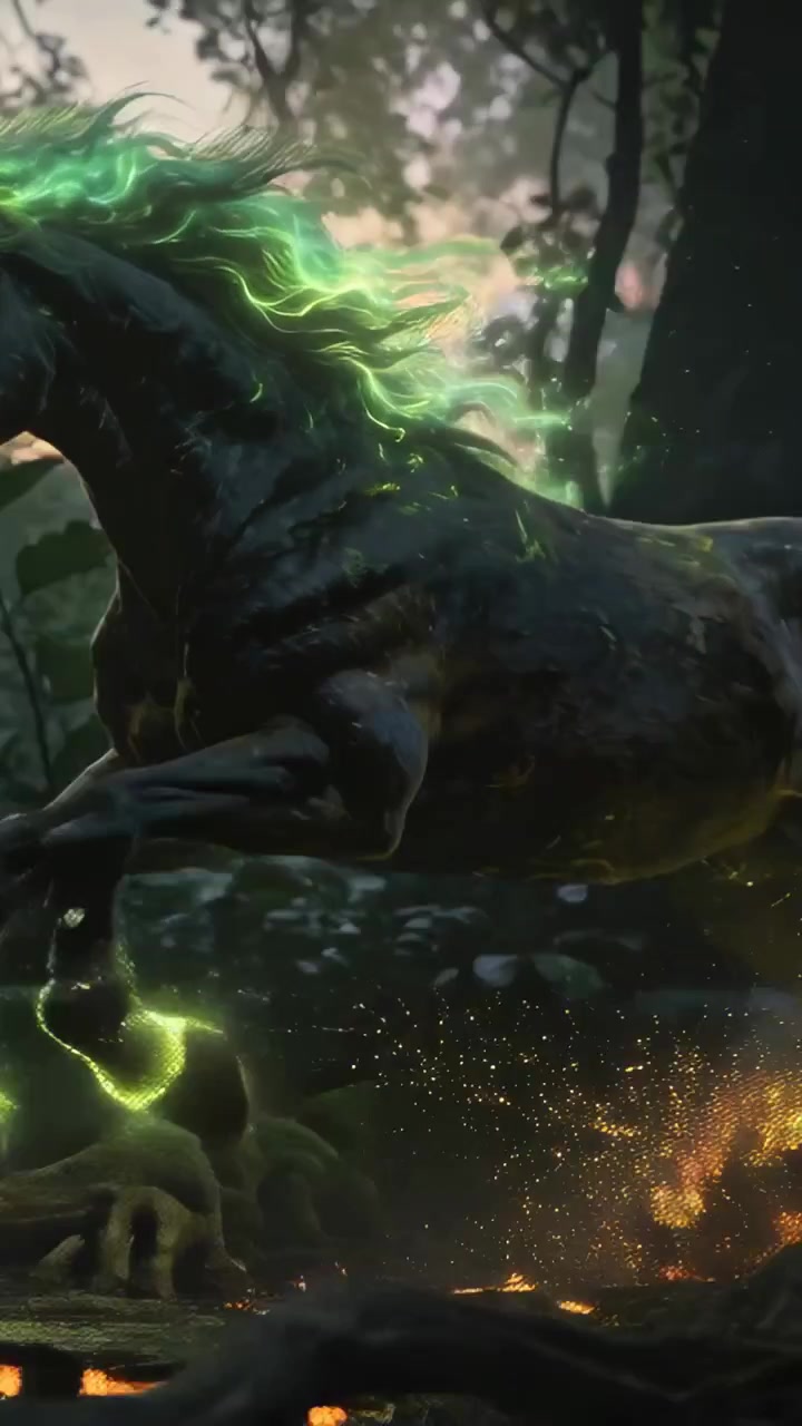 Video vertical: Tocando raíz de musgo, caballo negro abriendo grietas de brasas al anochecer, pezuñas verdes chispeando