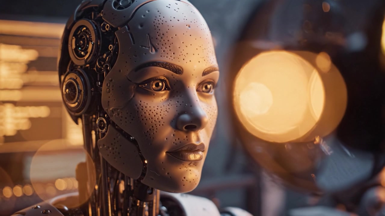 Complesse figure robotiche che riflettono tecnologia avanzata e intelligenza artificiale in un ambiente ad alta tecnologia con interfacce computerizzate e funzionalità migliorate