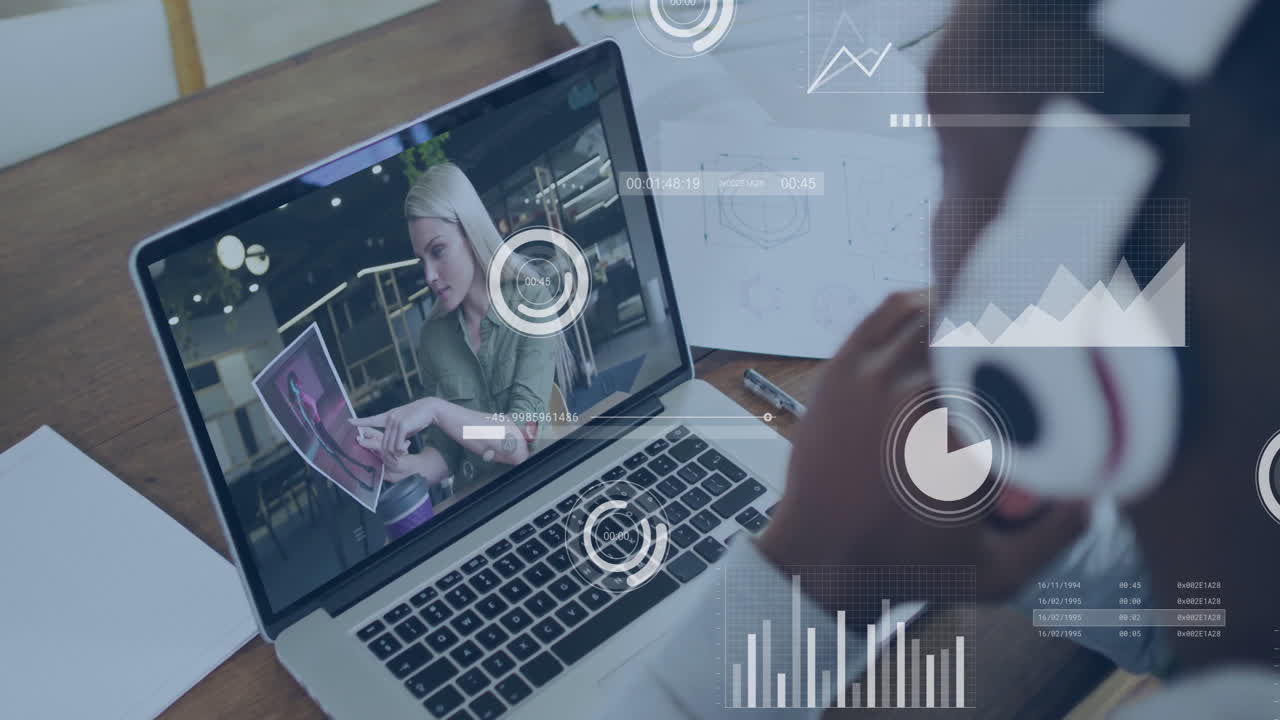 Video conferencing, person using laptop with digital data animation overlay