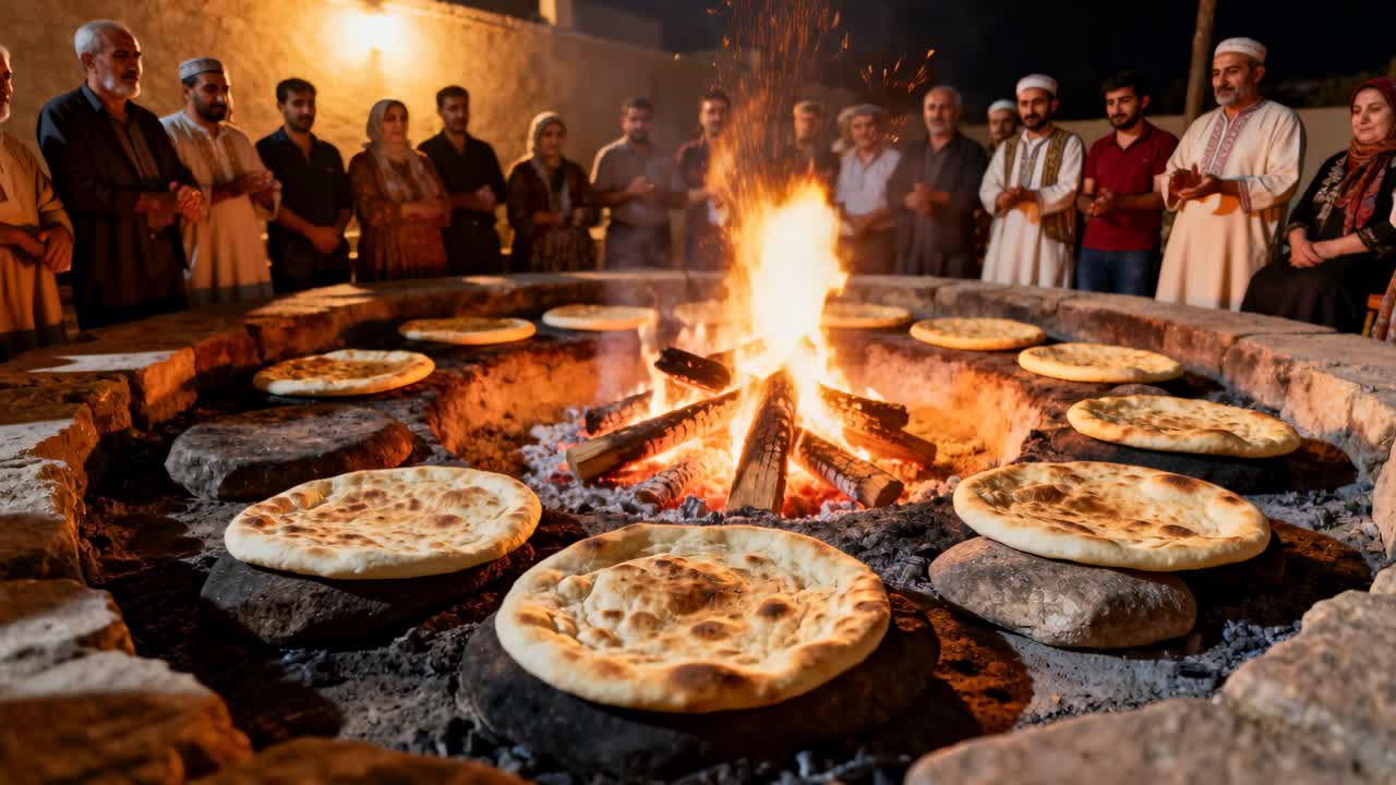 Rätisevät puunhalot lämmittävät takkaa pihalla, naanleipä ruskistuu kuumilla kivillä, tunikoihin pukeutunut väkijoukko katselee.