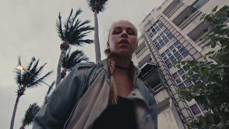 woman in a city storm
