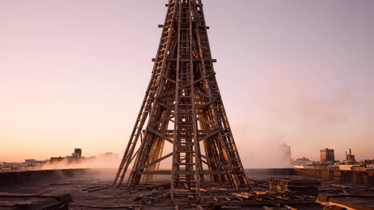 Atmospheric Wooden Tower on Rooftop with City Skyline at Sunrise