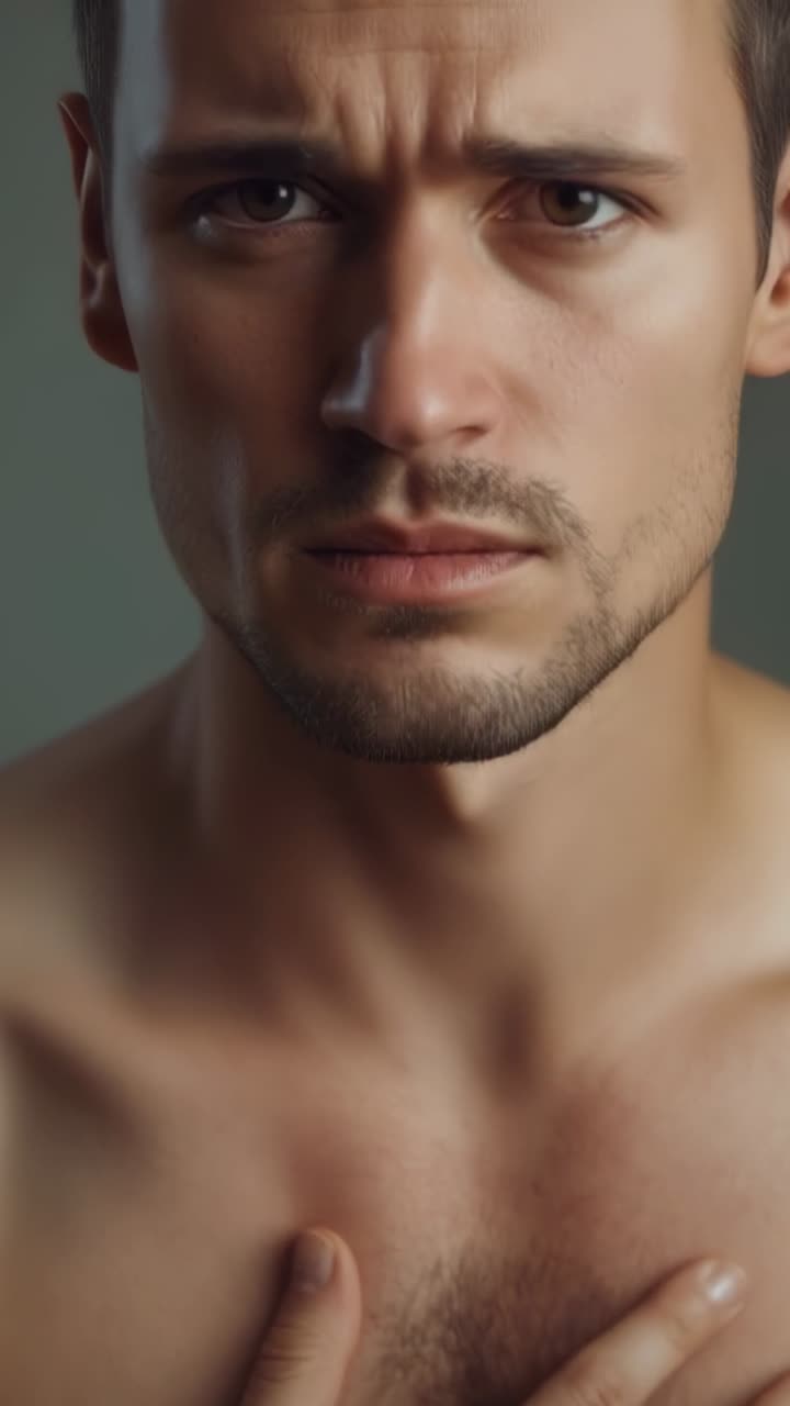 Video verticale: camera in funzione, uomo a torso nudo in studio che si tiene la mano destra sul petto, guardando in alto
