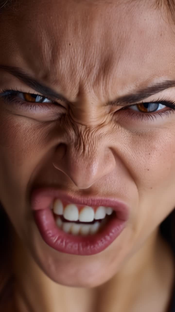 Intense Emotional Expressions: A Close-Up of a Woman's Anger and Frustration Captured in Two Powerful Frames from a Stirring Video Sequence