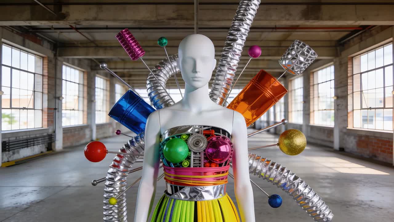 Telecamera che si ritira, condotti che si spostano, rivelando un manichino con ingranaggi metallici e globi in mostra in un magazzino.