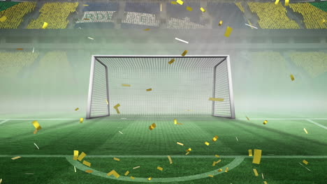 digital animation of golden confetti falling against soccer stadium in background