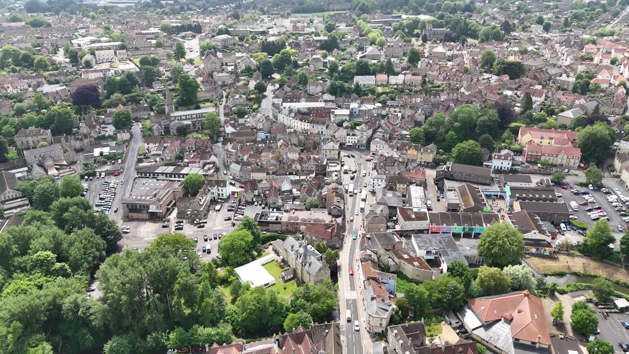 Frome town centre in Somerset UK establishing aerial shot 4K footage