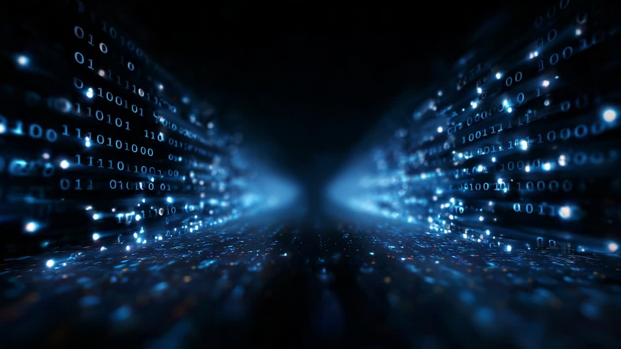 Visual Representation of Data Transformation Through Binary Code and Light Patterns in an Abstract Cybernetic Environment, Evoking a Sense of Speed, Connectivity, and Digital Flow