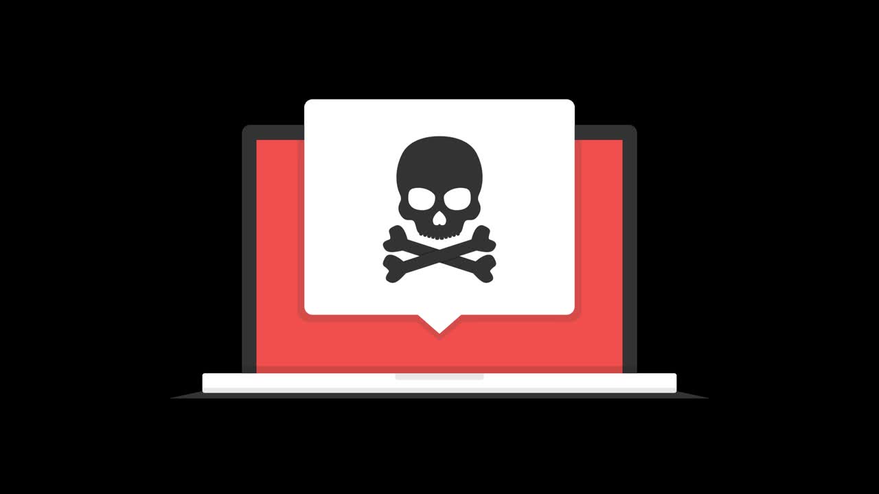 laptop con virus sullo schermo. animazione in loop in canale alfa. risoluzione 4k.