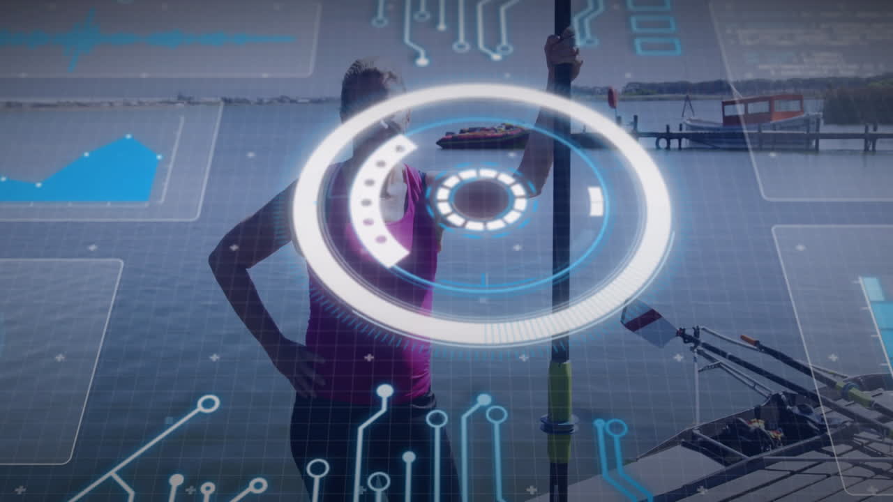 Digital interface animation over person standing near water with boats